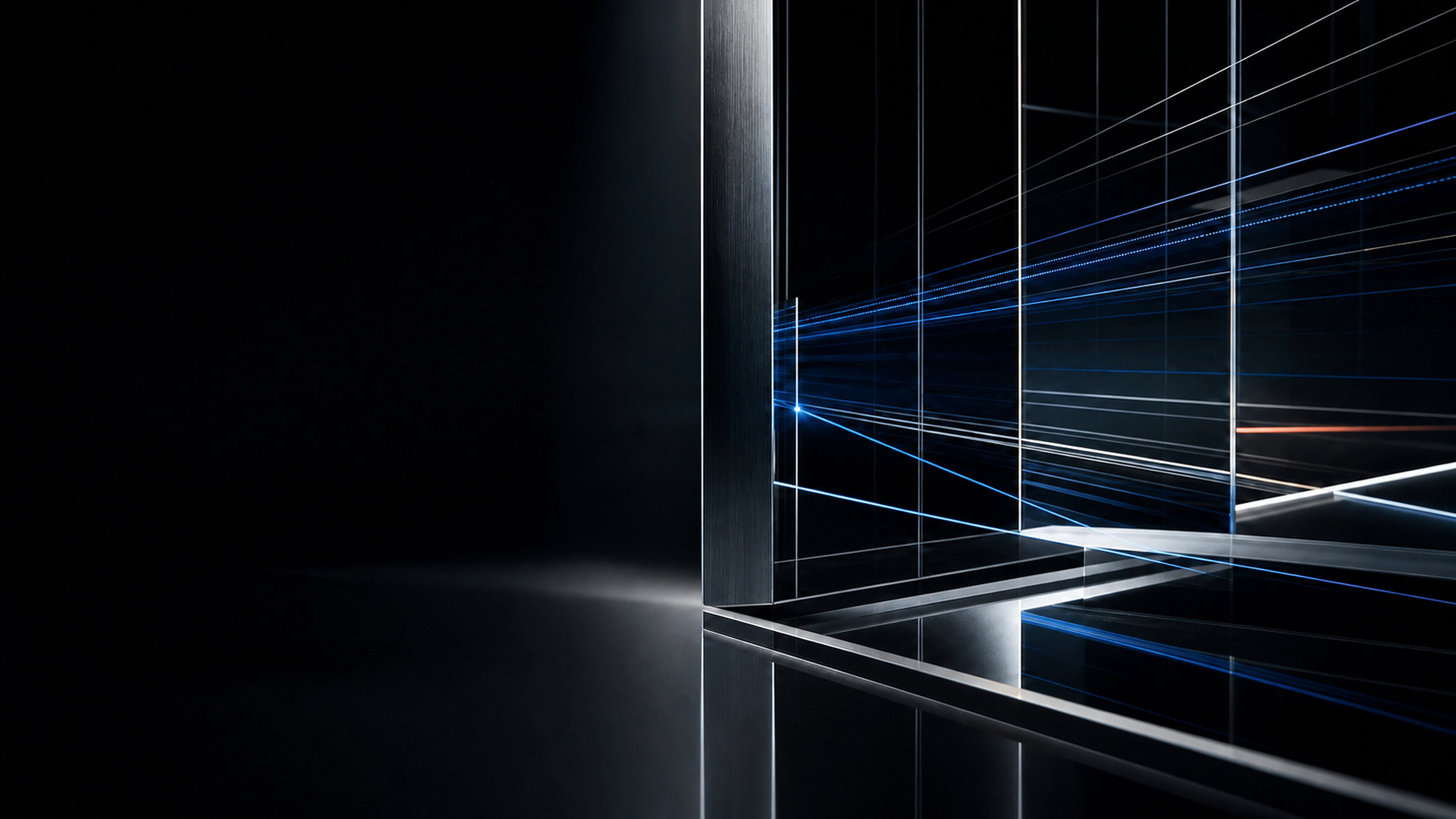 Precision glass and light forms representing connected software systems